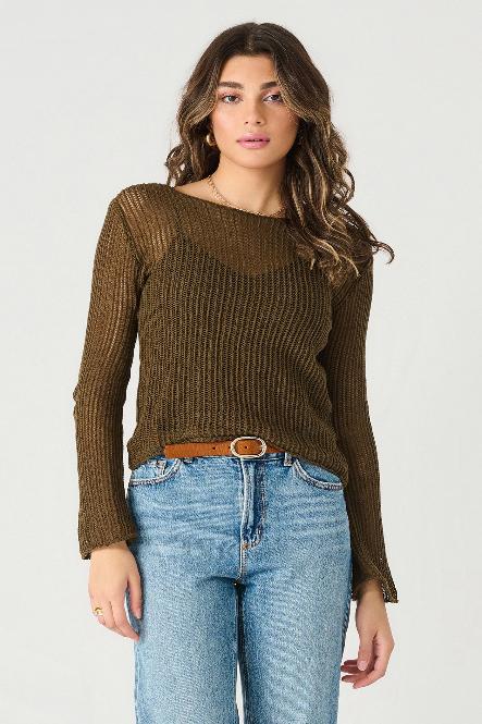 LONG SLEEVE MESH STITCH SWEATER BY DEX - DEEP OLIVE