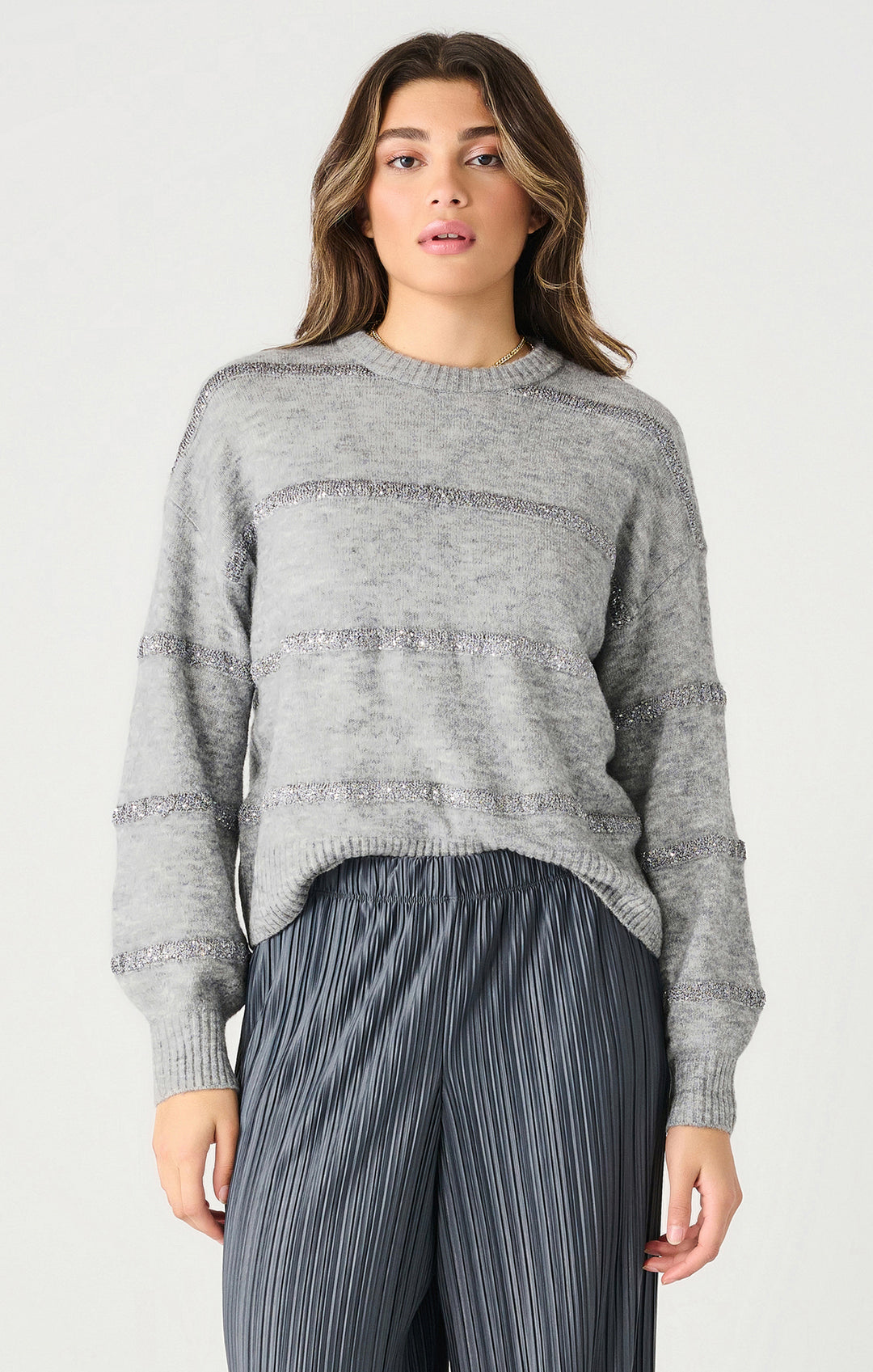 SEQUIN STRIPE LONG SLEEVE SWEATER - GREY