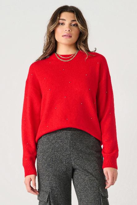 LONG SLEEVE EMBELLISHED SWEATER - CHERRY