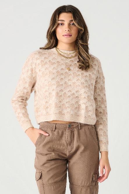 SCALLOPED STITCH LONG SLEEVE SWEATER - BARELY PINK