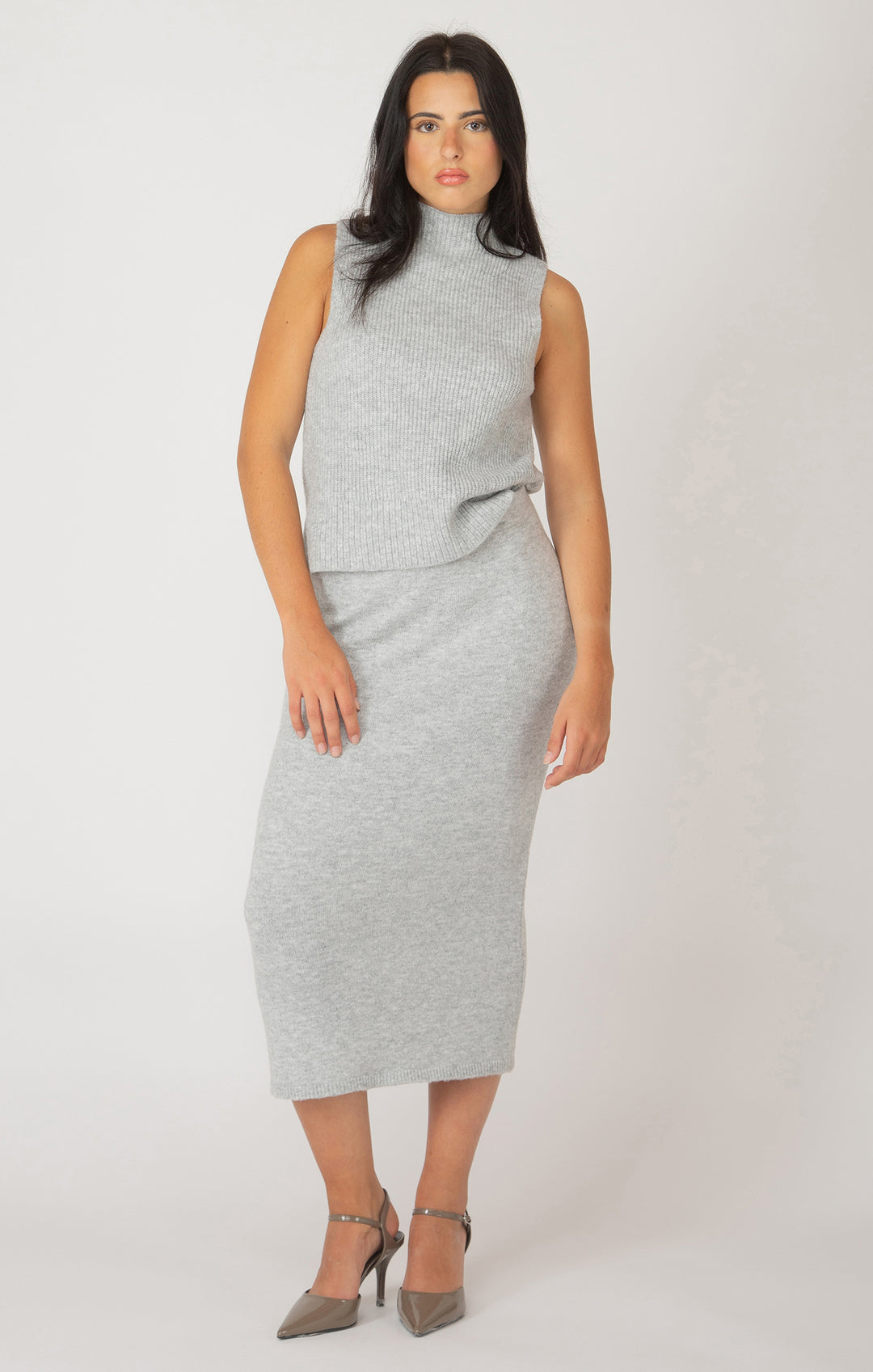 PULL ON MIDI SWEATER SKIRT - LIGHT GREY