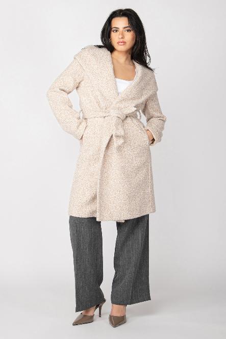 LONG SLEEVE HOODED WOOLEN TRENCH COAT - OAT