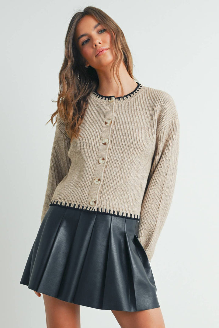 CONTRAST WHIPSTITCH CREWNECK CARDIGAN - TAUPE