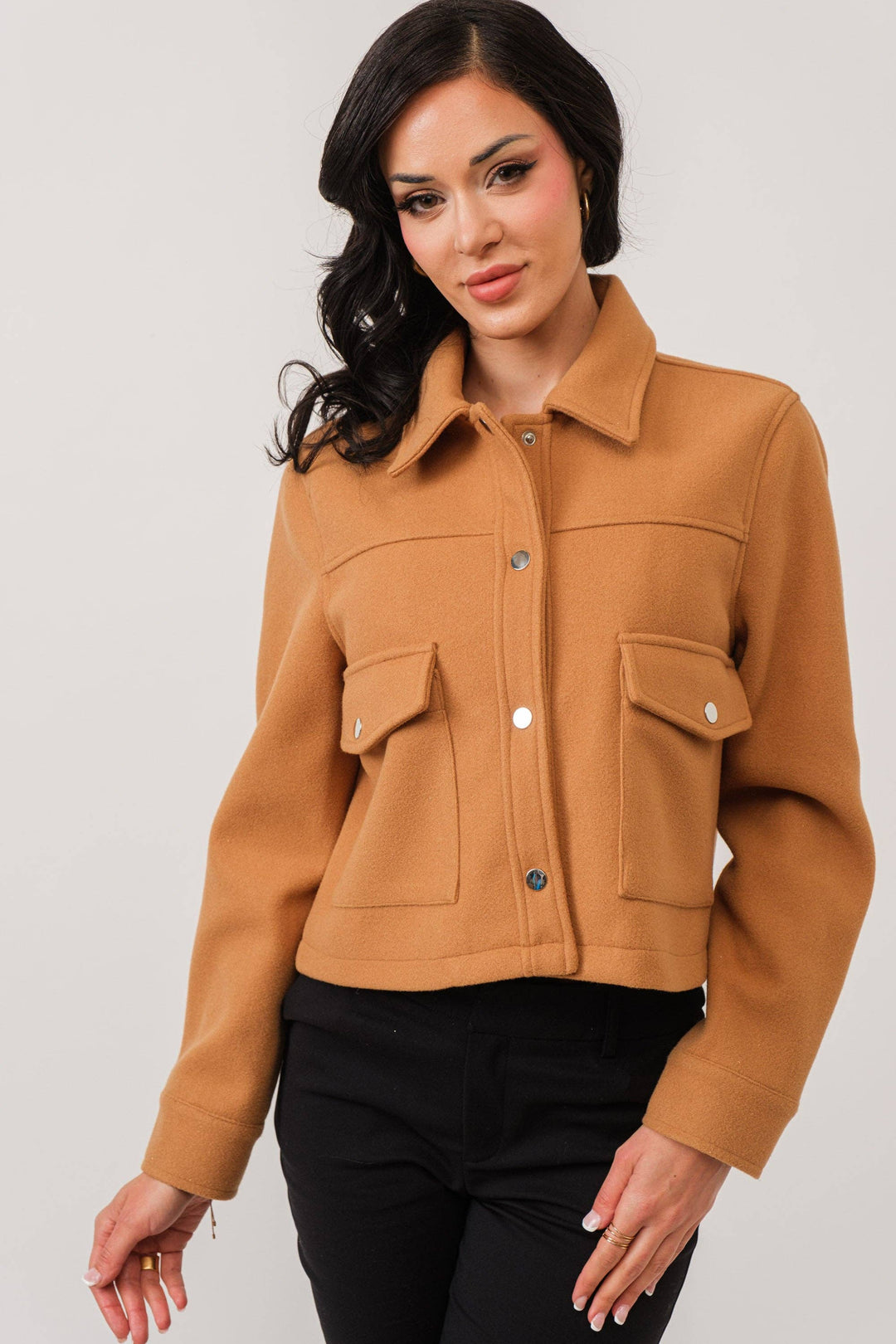 KNIT CROPPED BUTTON DOWN SHACKET - CAMEL