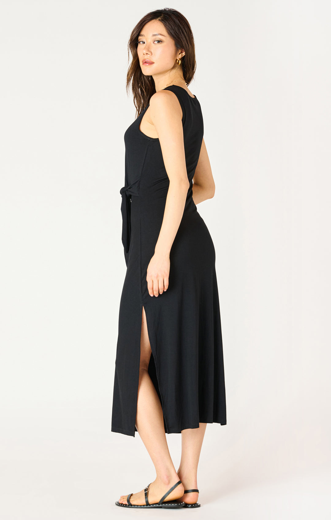 SLEEVELESS KNOT WAIST MIDI DRESS - BLACK