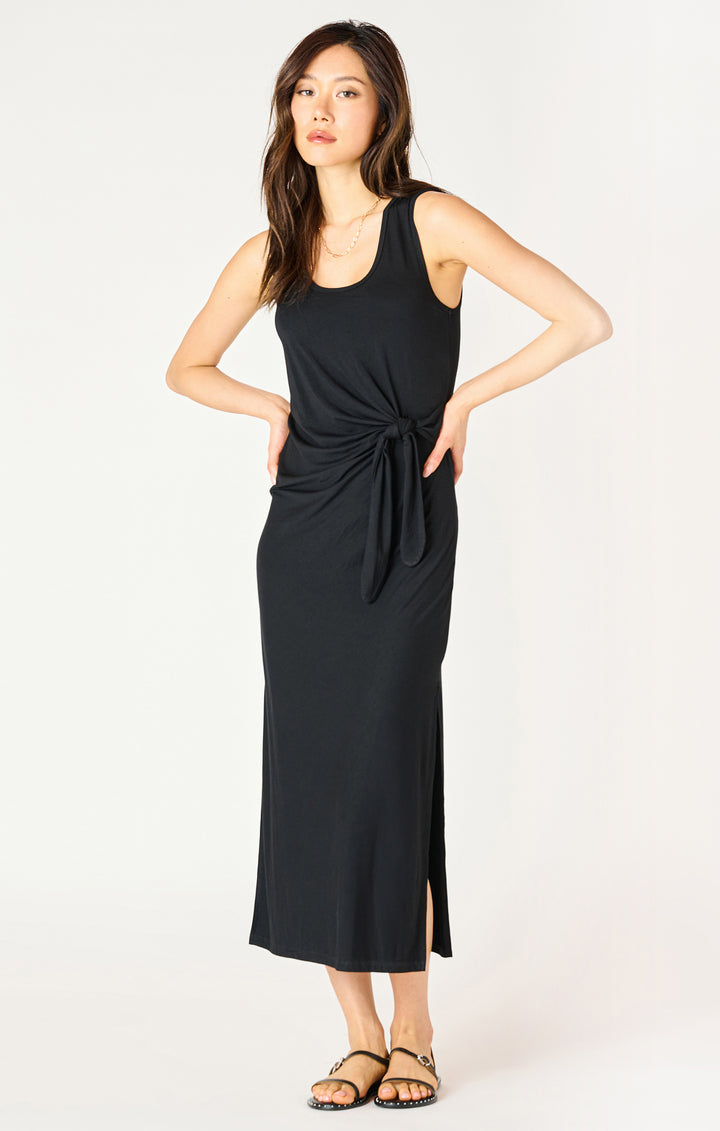 SLEEVELESS KNOT WAIST MIDI DRESS - BLACK