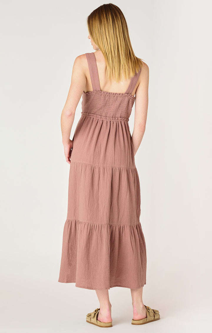 SLEEVELESS TEXTURED TIERED MIDI DRESS - ROSE TAUPE