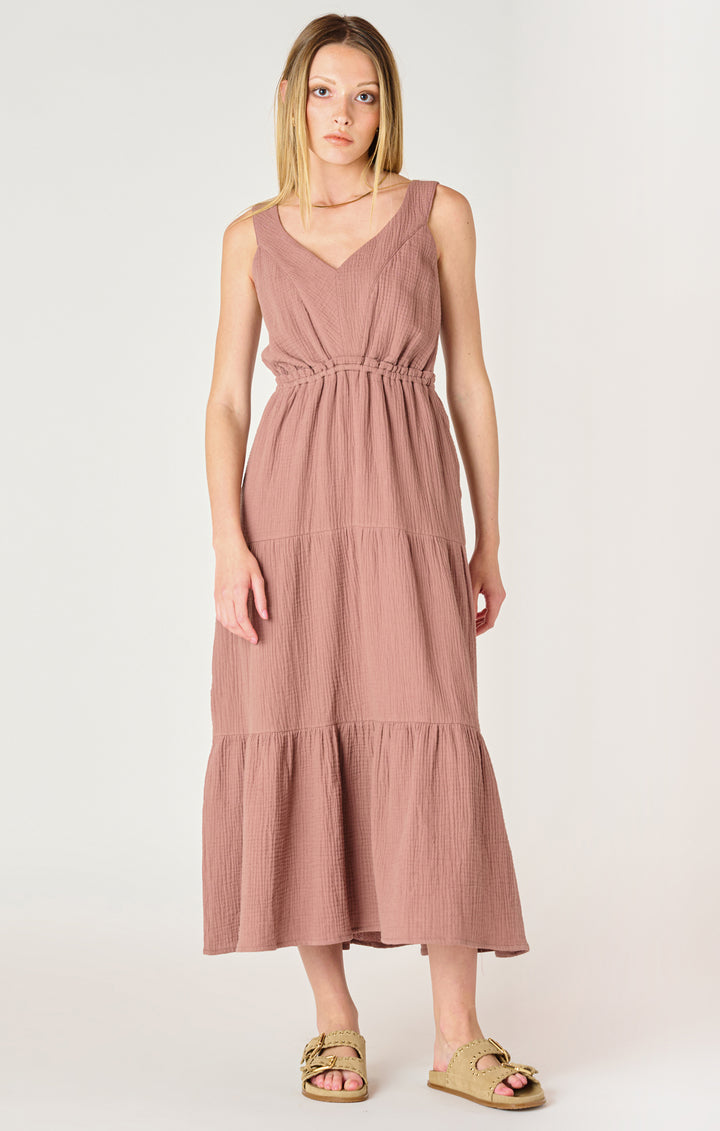 SLEEVELESS TEXTURED TIERED MIDI DRESS - ROSE TAUPE