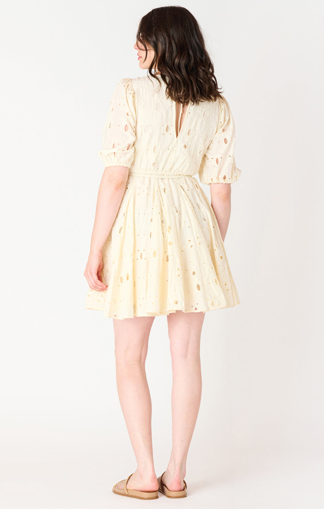 SHORT SLEEVE EYELET BELTED MINI DRESS - ECRU