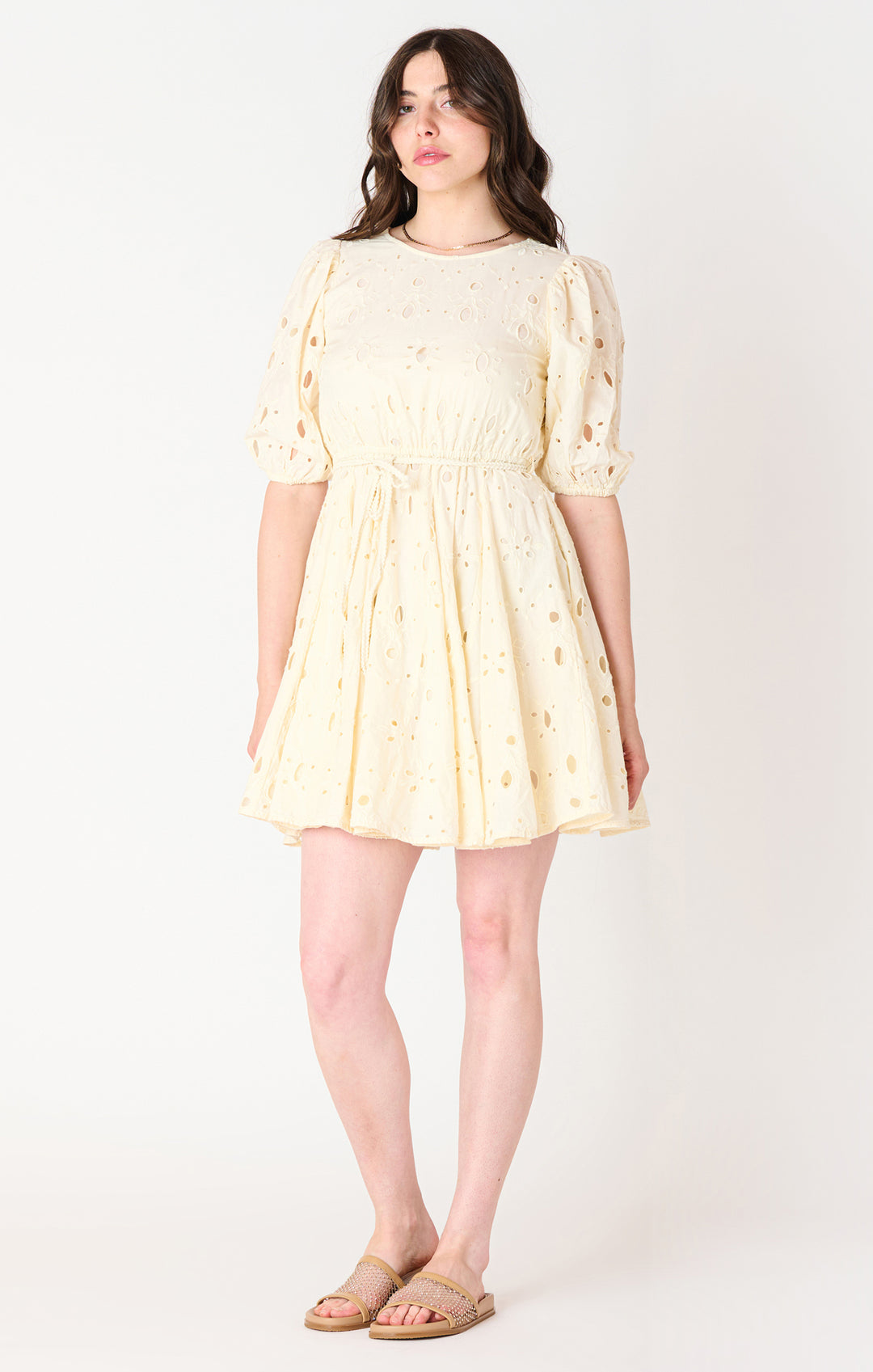 SHORT SLEEVE EYELET BELTED MINI DRESS - ECRU