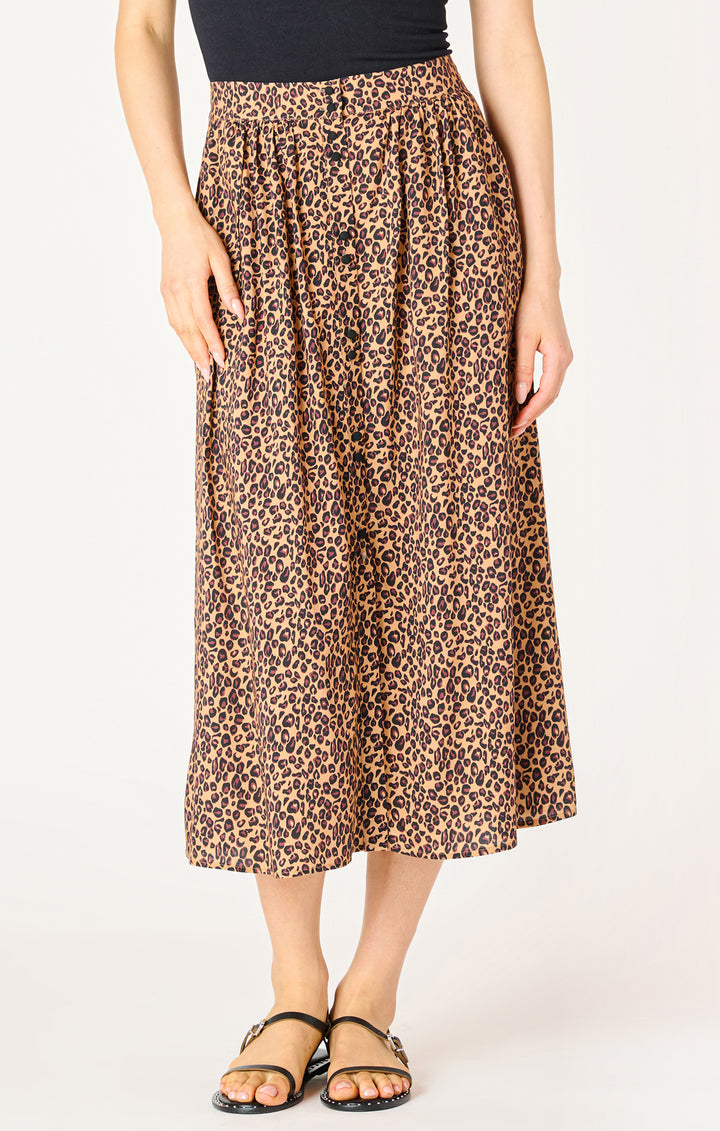 BUTTON FRONT LEOPARD MIDI SKIRT - SABLE