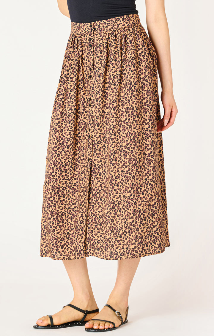 BUTTON FRONT LEOPARD MIDI SKIRT - SABLE