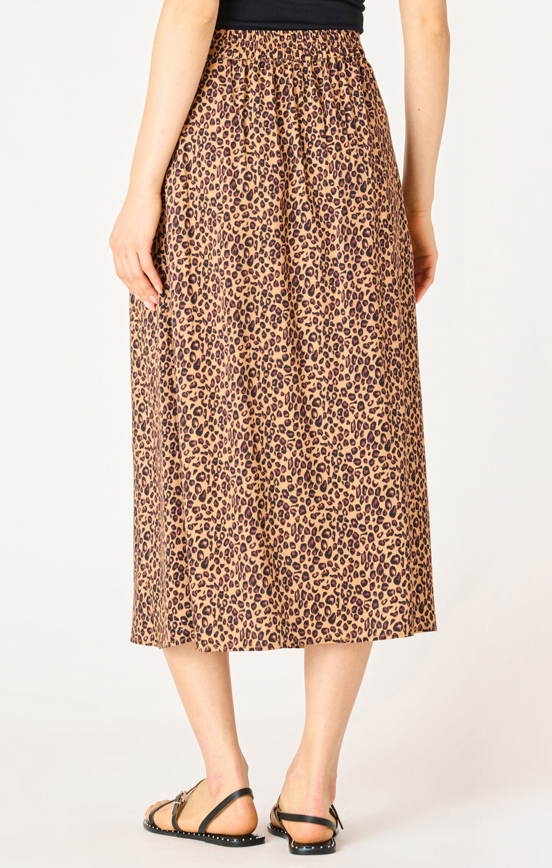 BUTTON FRONT LEOPARD MIDI SKIRT - SABLE