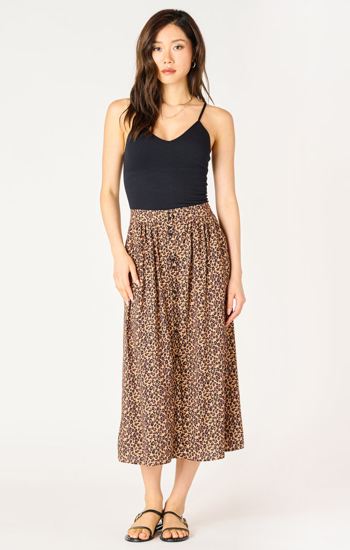 BUTTON FRONT LEOPARD MIDI SKIRT - SABLE