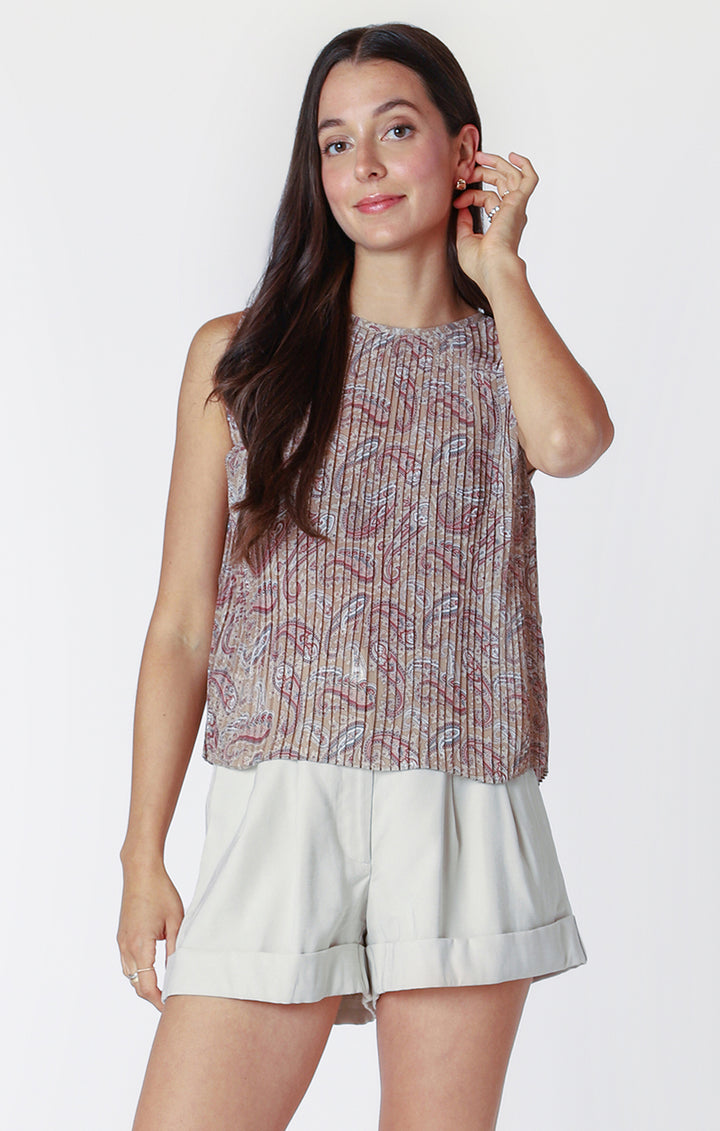 SLEEVELESS PAISLEY PLEATED TOP - NEUTRAL MULTI