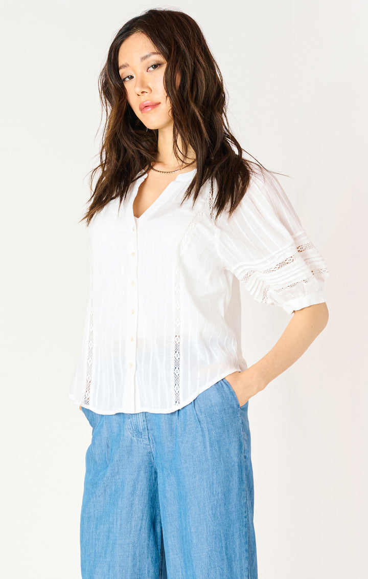 ELBOW SLEEVE BOHO LACE INSET BLOUSE - WHITE