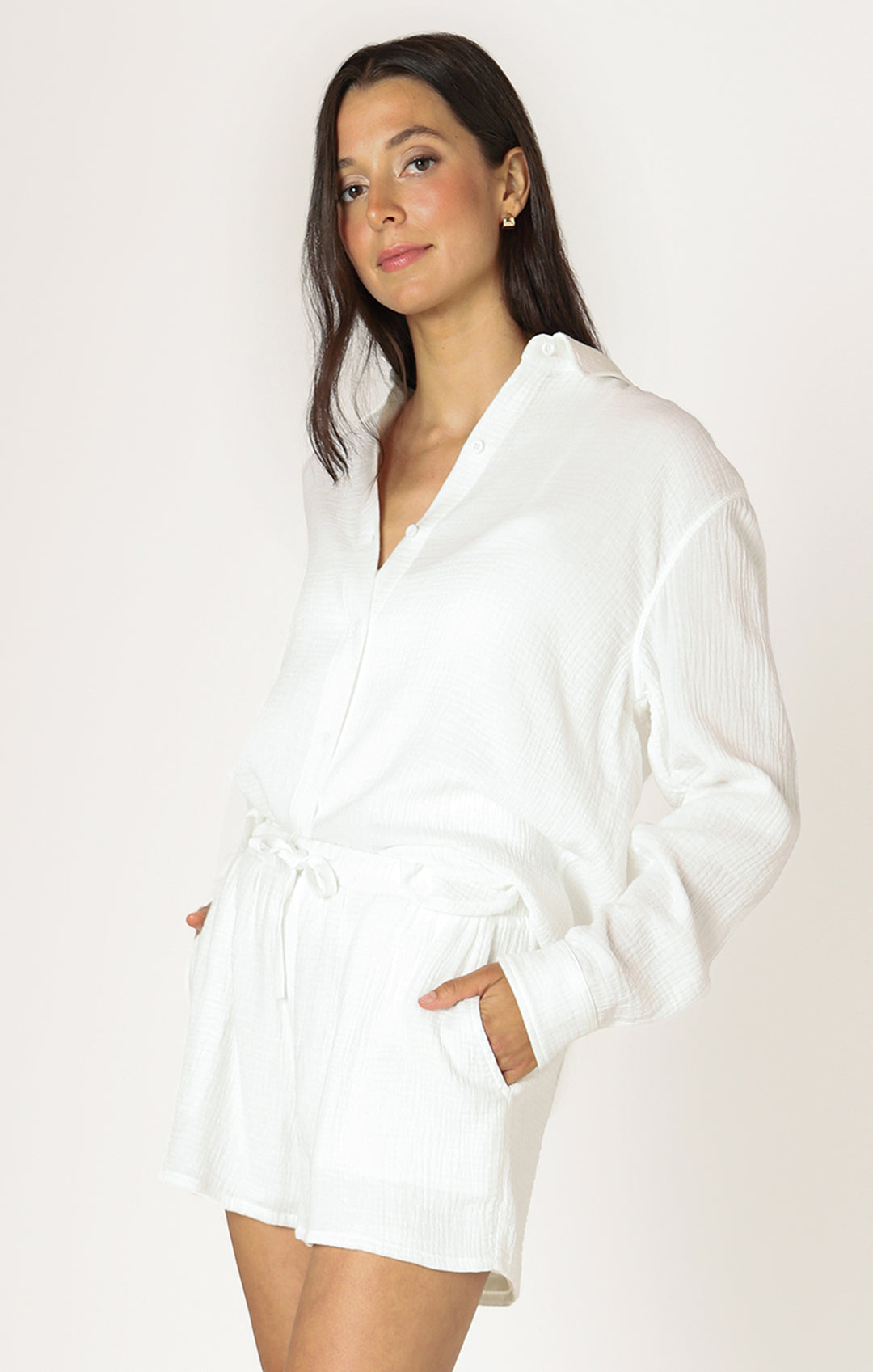 LONG SLEEVE CRINKLED BUTTON DOWN BLOUSE - OFF WHITE