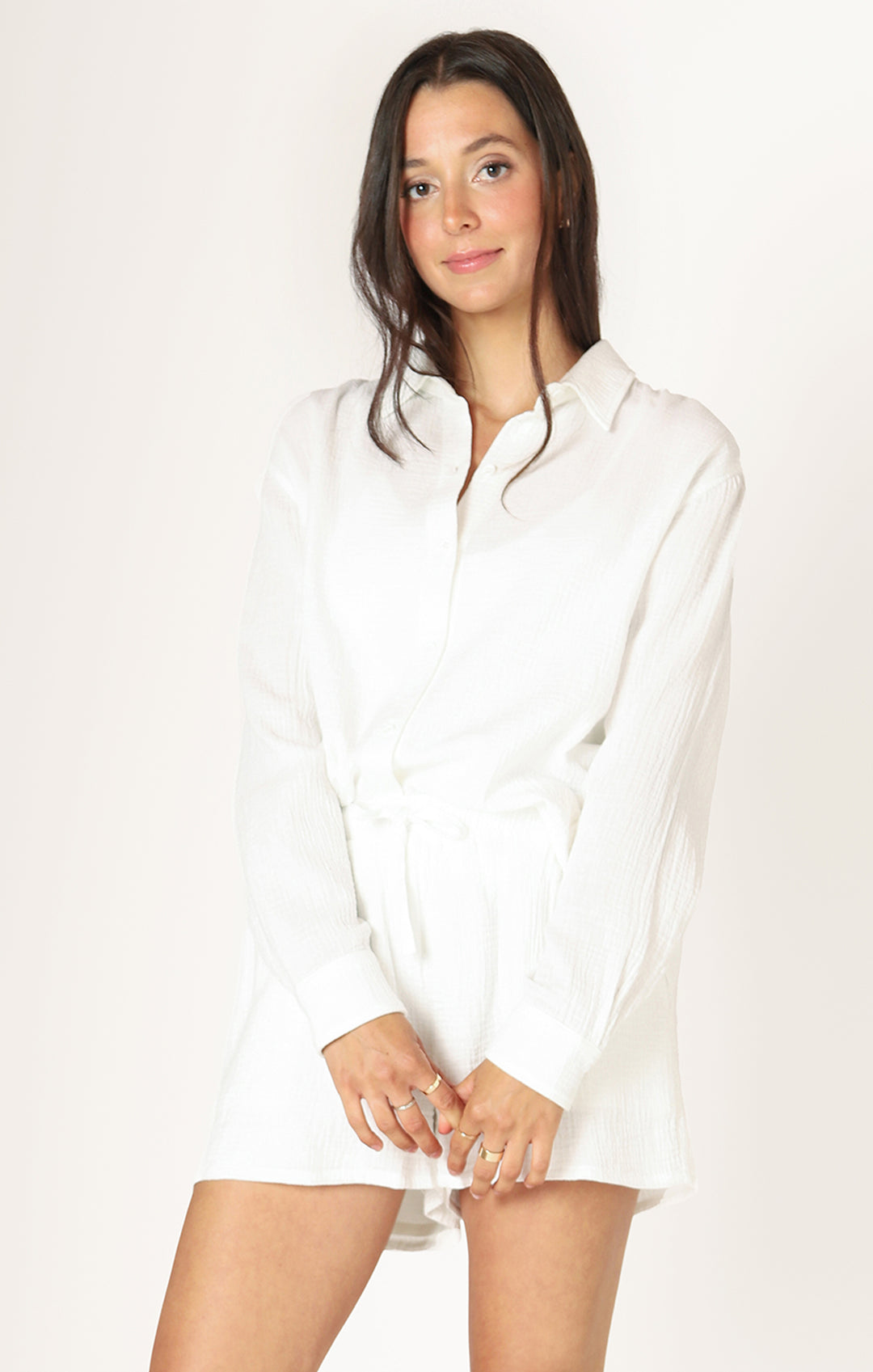 LONG SLEEVE CRINKLED BUTTON DOWN BLOUSE - OFF WHITE