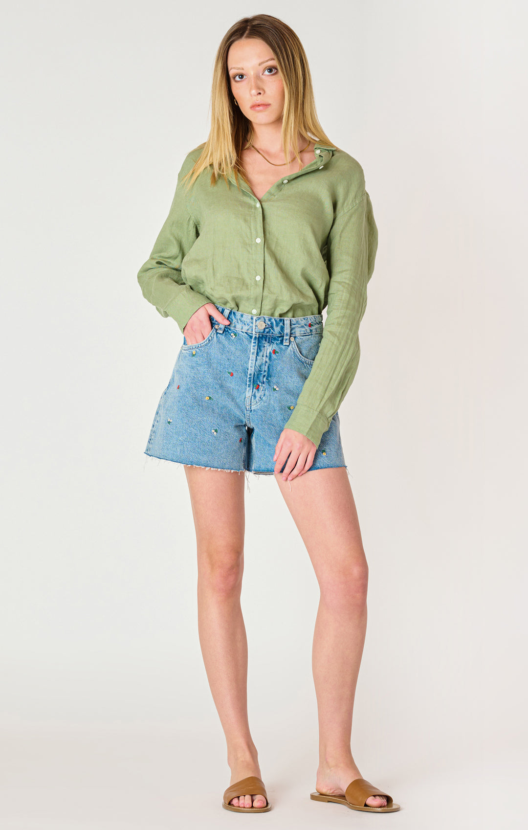 LONG SLEEVE BUTTON DOWN WOVEN BLOUSE - BASIL