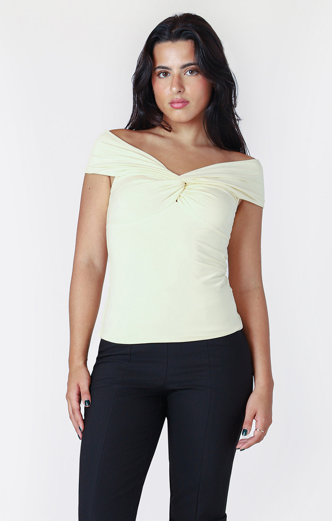 OFF SHOULDER TWIST DETAIL TOP - LEMON