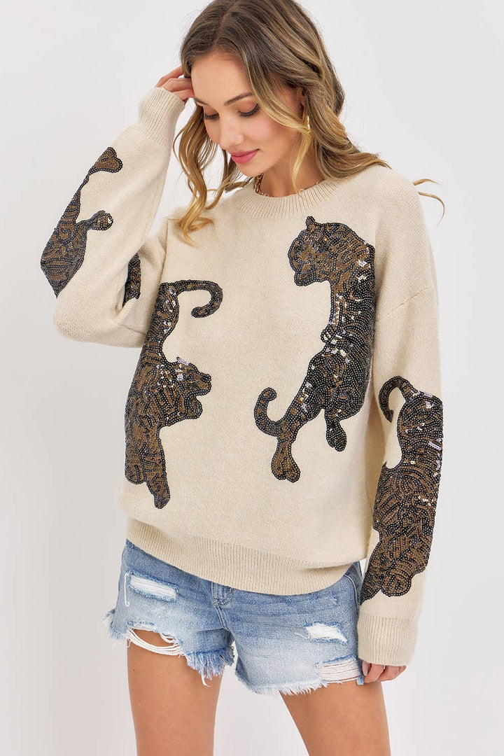 TIGER SEQUINS KNIT SWEATER - BEIGE