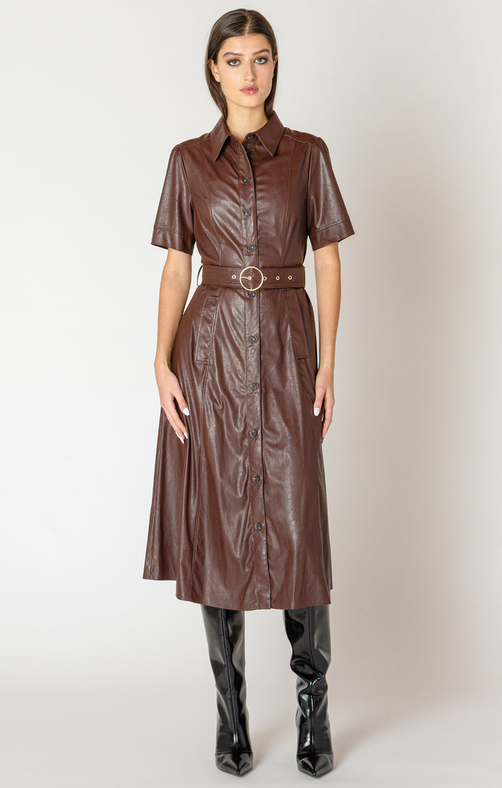 VEGAN LEATHER SHIRT DRESS - MAHOGANY