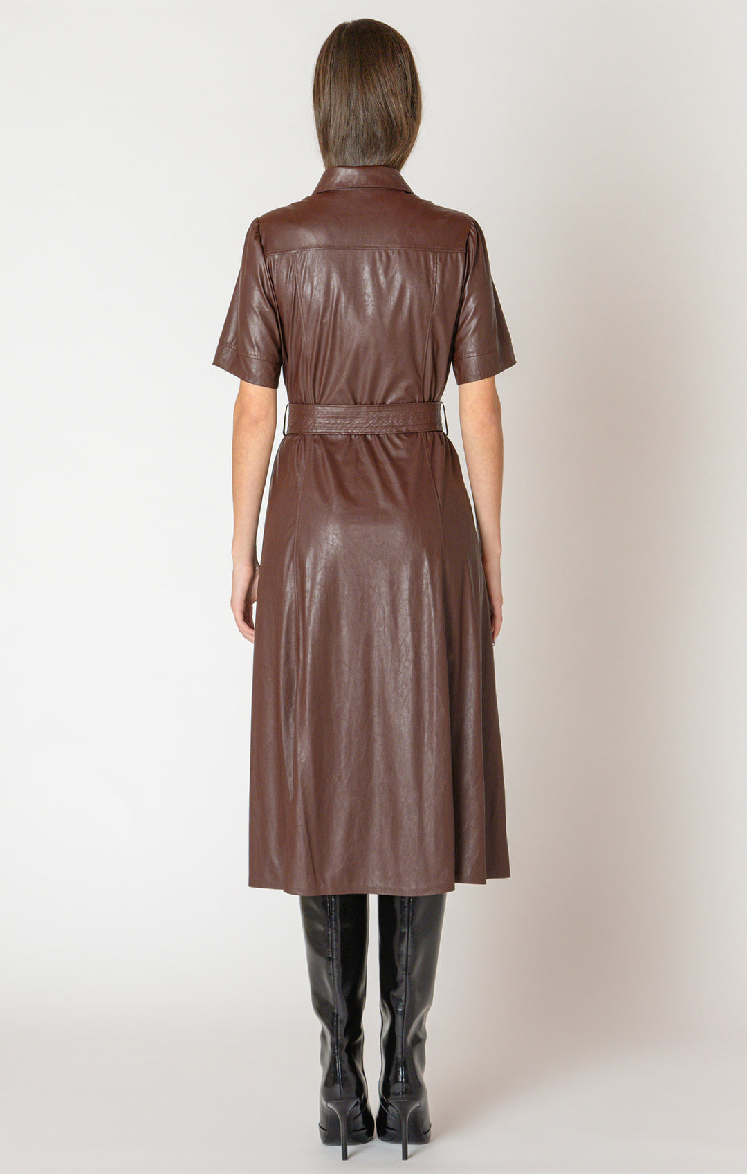 VEGAN LEATHER SHIRT DRESS - MAHOGANY