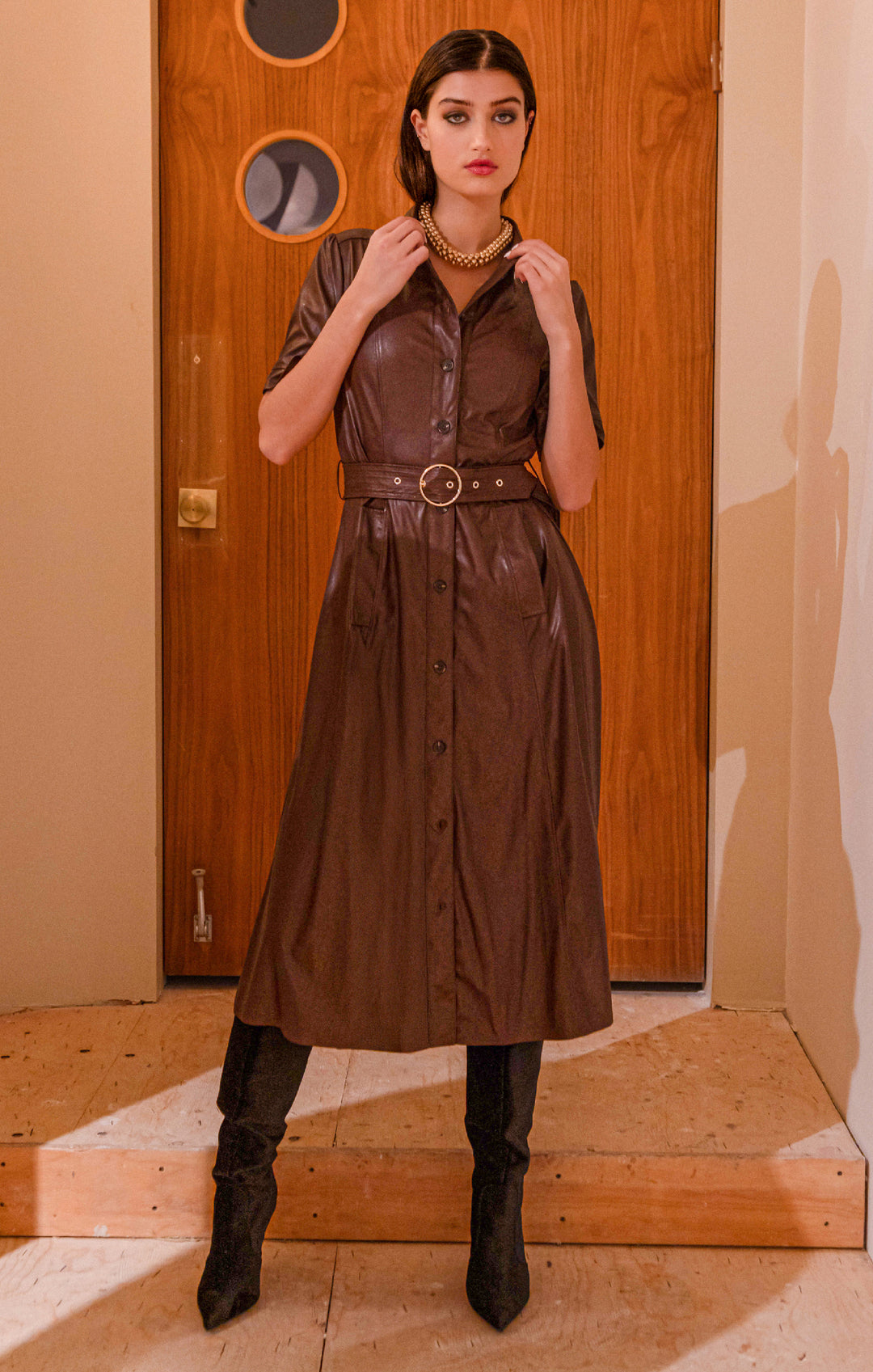 VEGAN LEATHER SHIRT DRESS - MAHOGANY
