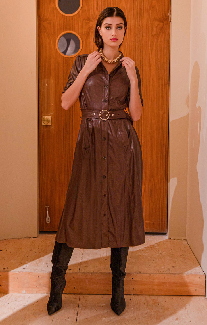 VEGAN LEATHER SHIRT DRESS - MAHOGANY