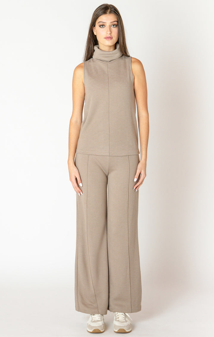WIDE LEG SEAM DETAIL KNIT PANT - ALMOND
