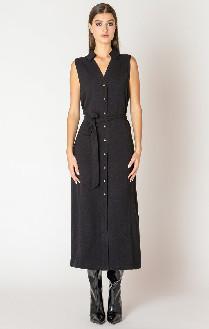 SLEEVELESS BELTED SHIRT DRESS - BLACK