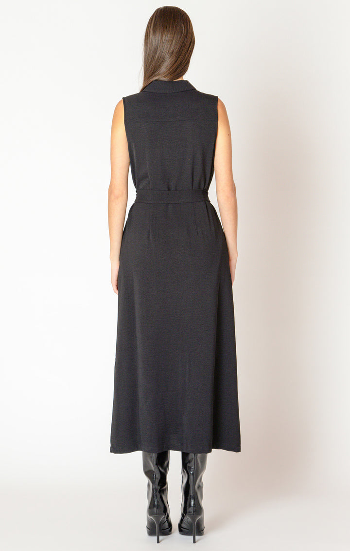 SLEEVELESS BELTED SHIRT DRESS - BLACK
