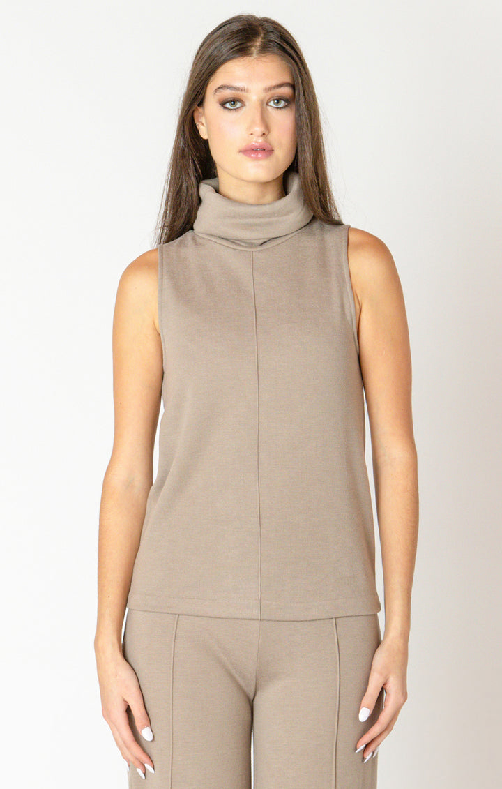 ROLLED NECK SEAMED SLEEVELESS KNIT TOP - ALMOND