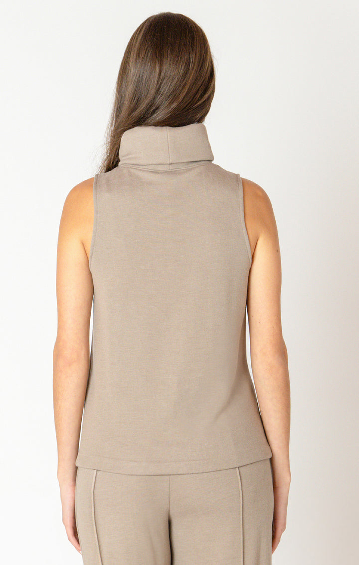 ROLLED NECK SEAMED SLEEVELESS KNIT TOP - ALMOND