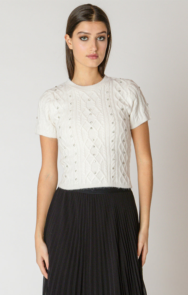 EMBELLISHED CABLE SWEATER - SNOW