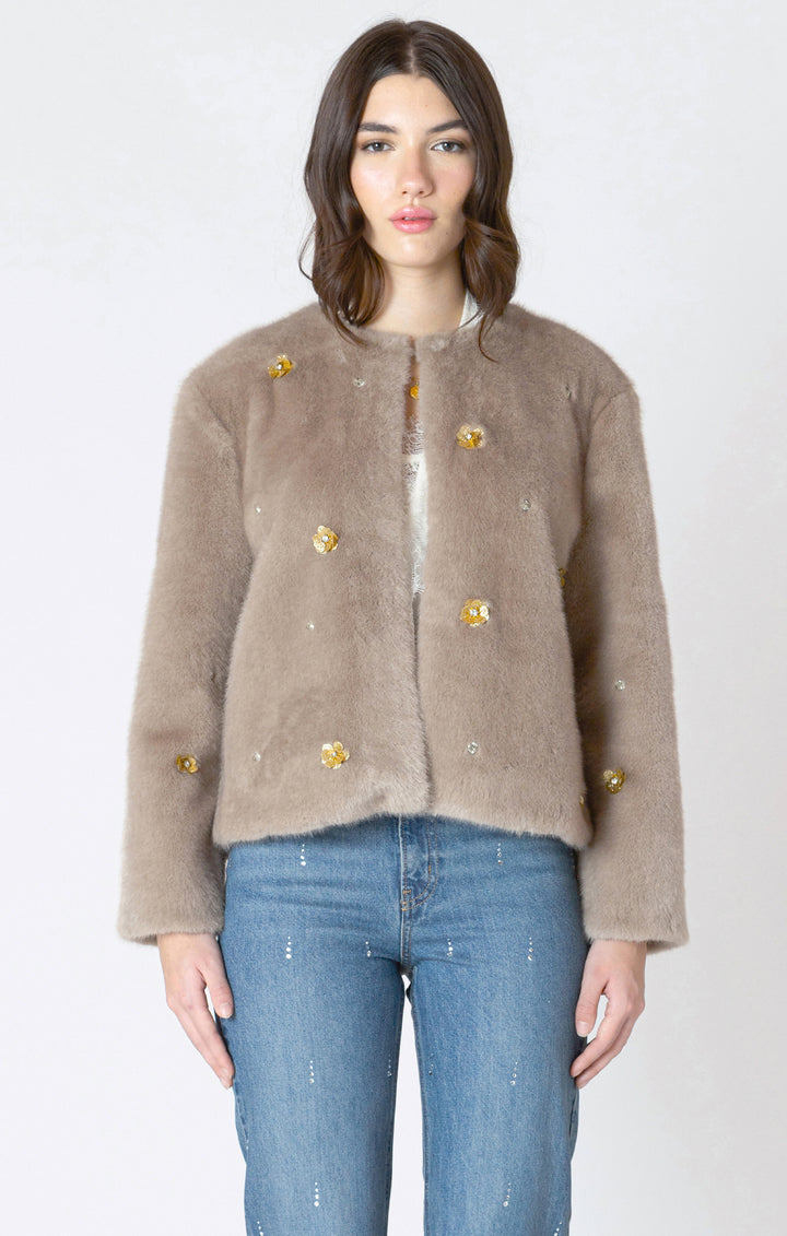 VEGAN FUR EMBELLISHED JACKET - FROSTED MOCHA