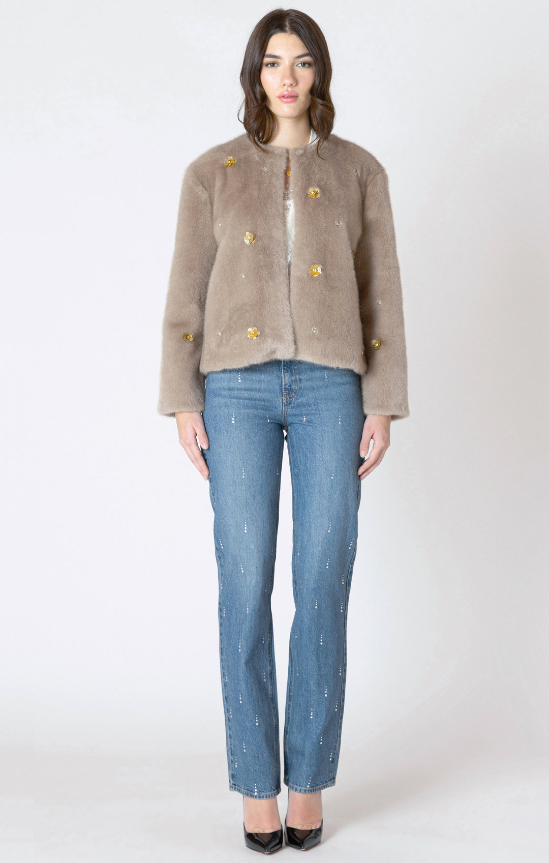 VEGAN FUR EMBELLISHED JACKET - FROSTED MOCHA