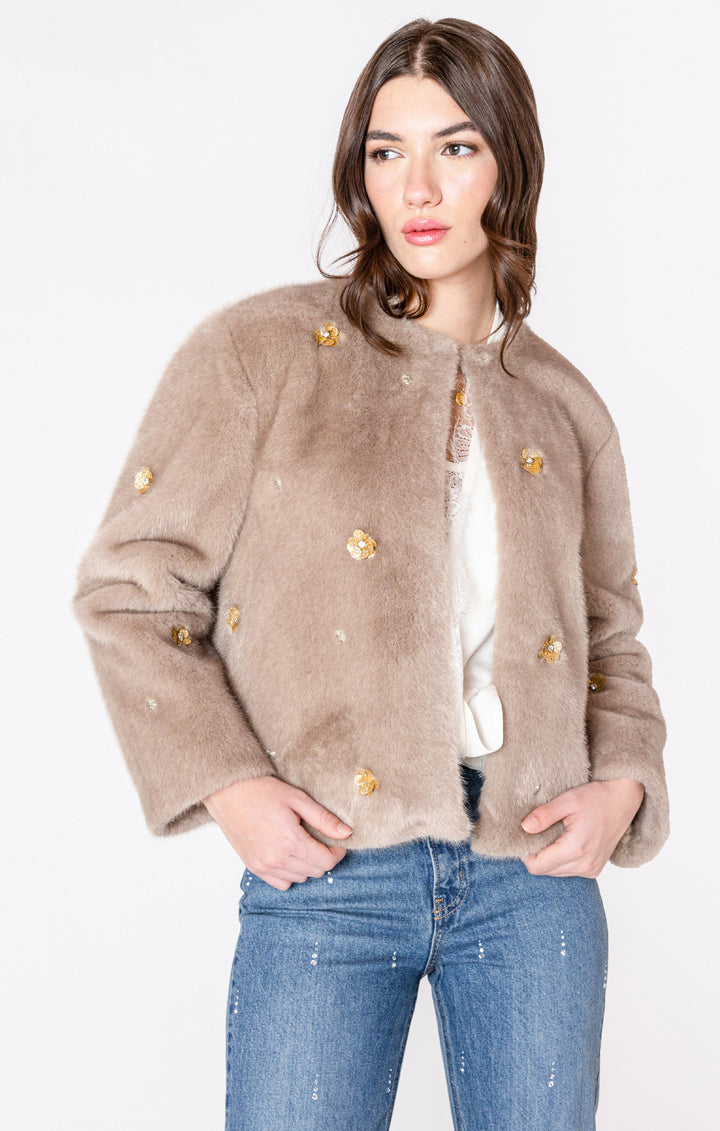 VEGAN FUR EMBELLISHED JACKET - FROSTED MOCHA