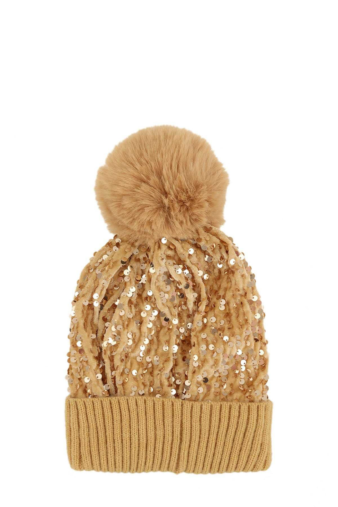 SEQUIN POM BEANIE HAT - GOLD