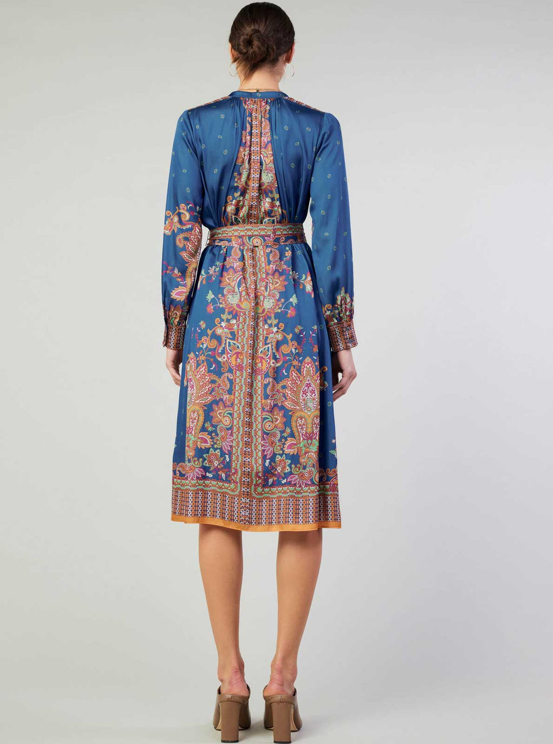 PAISLEY PRINT MANDARIN COLLAR MIDI SATIN DRESS - NAVY