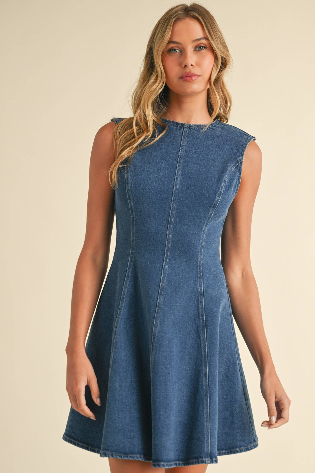 OPEN BACK DENIM A-LINE MINI DRESS - DARK WASH