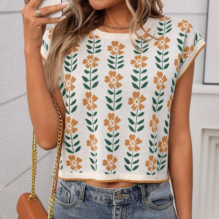 SHORT SLEEVE CROPPED KNIT FLORAL SWEATER - KHAKI