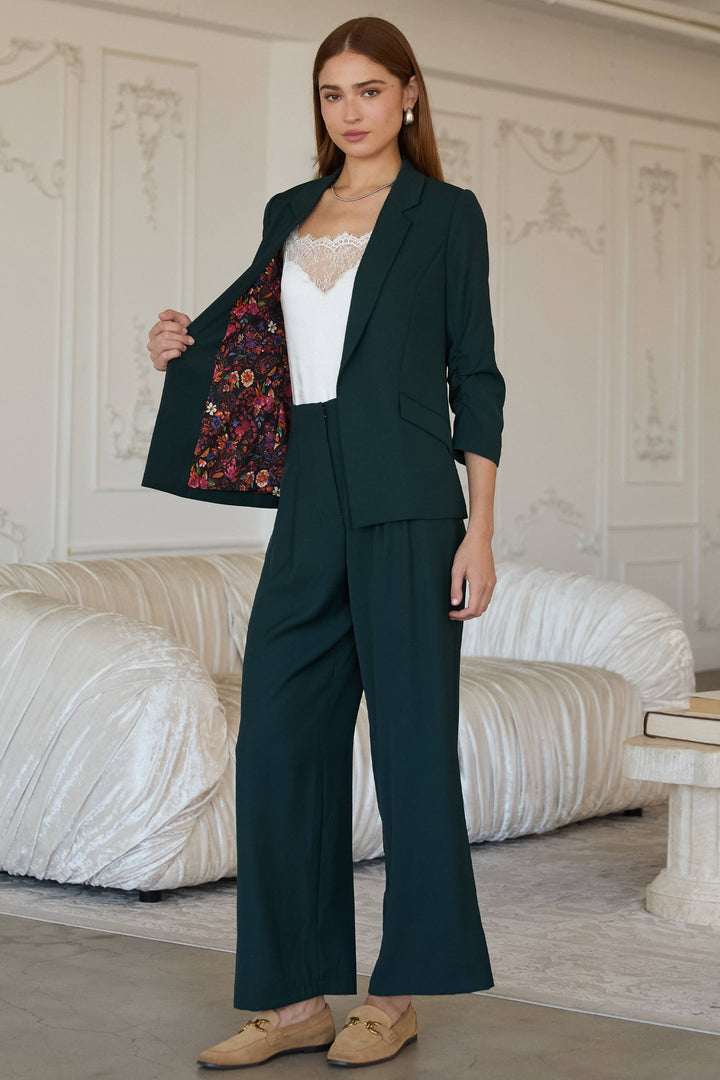 RECYCLED POLY SHIRRED SLEEVE BLAZER - BLACK