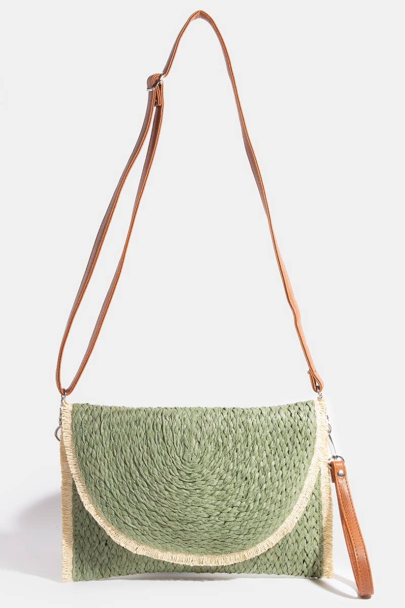 CONTRAST TRIM BRAIDED STRAW ENVELOPE CLUTCH