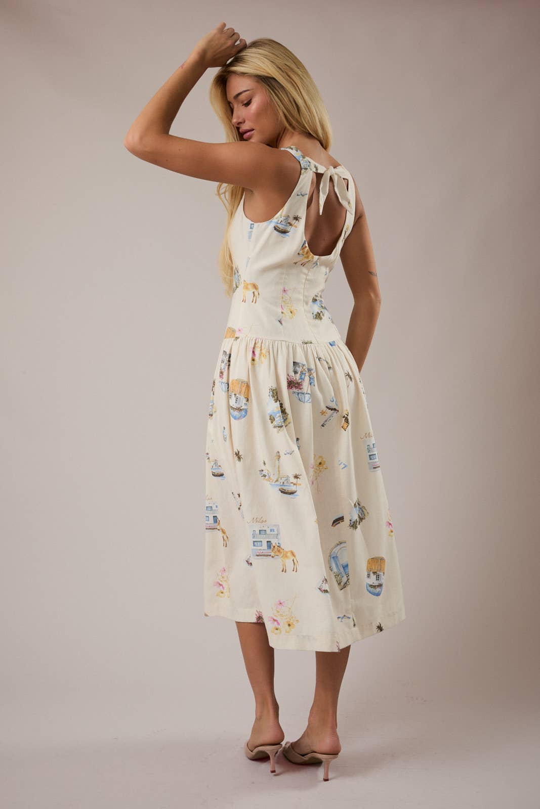 BOAT NECK SLEEVELESS DROP WAIST MIDI DRESS - CREAM MULTI