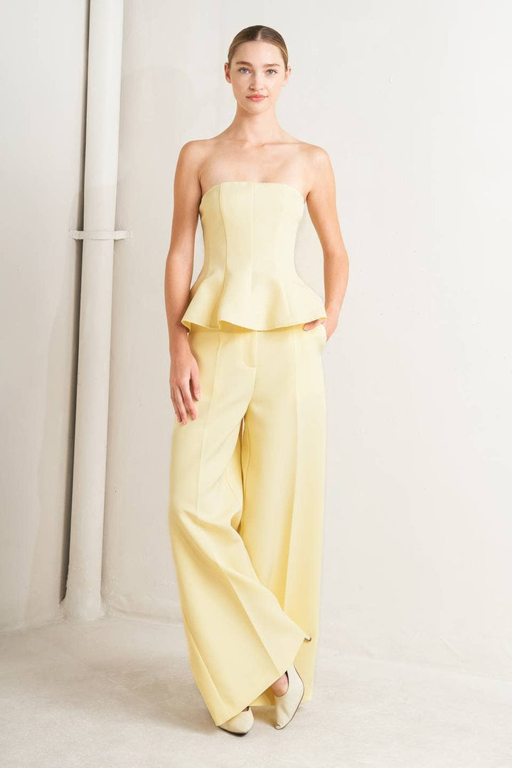 SOLID WOVEN WIDE LEG PANT - LEMON