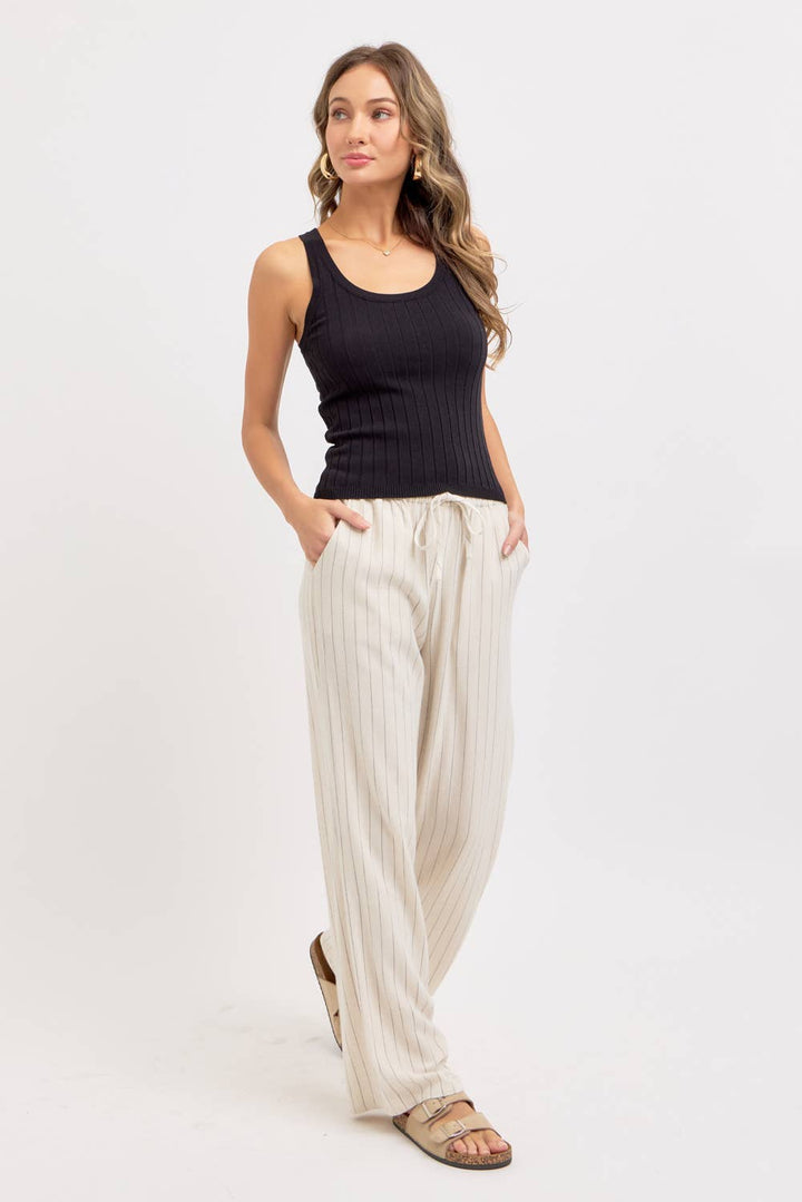 LINEN BLEND STRIPED  PULL ON PANTS - OATMEAL
