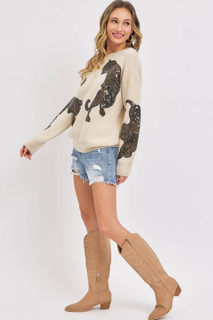 TIGER SEQUINS KNIT SWEATER - BEIGE