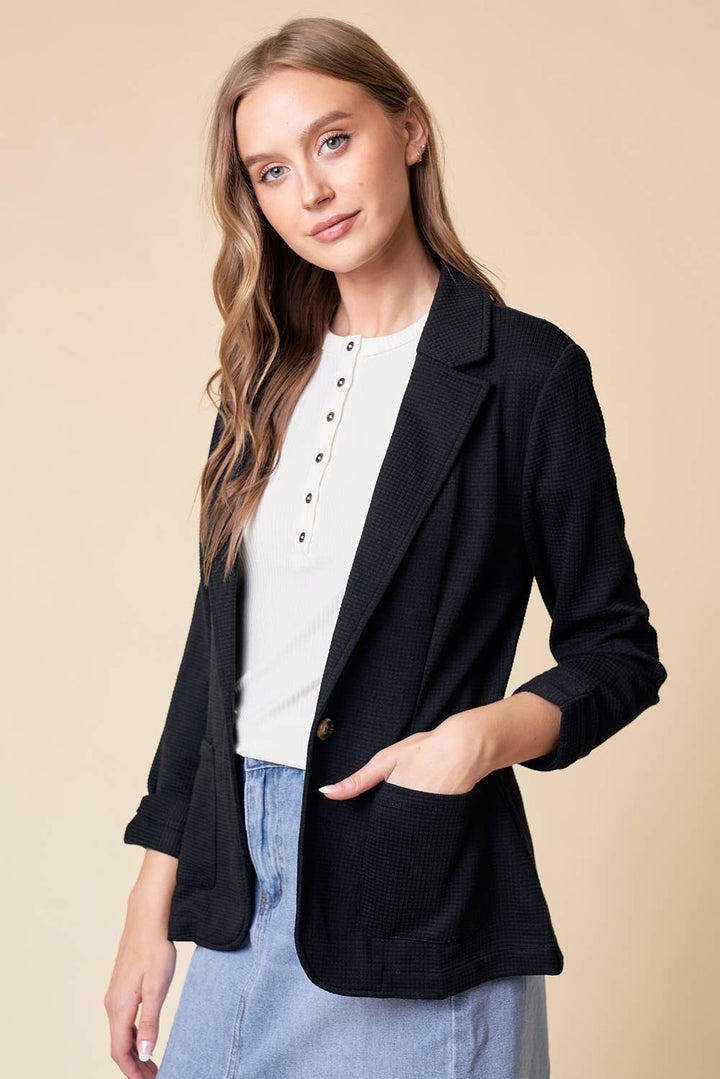 SHIRRED SLEEVE TEXTURED BLAZER - BLACK