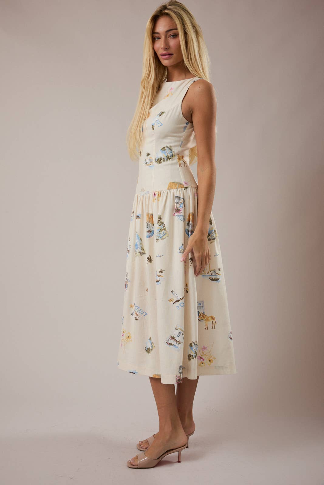 BOAT NECK SLEEVELESS DROP WAIST MIDI DRESS - CREAM MULTI